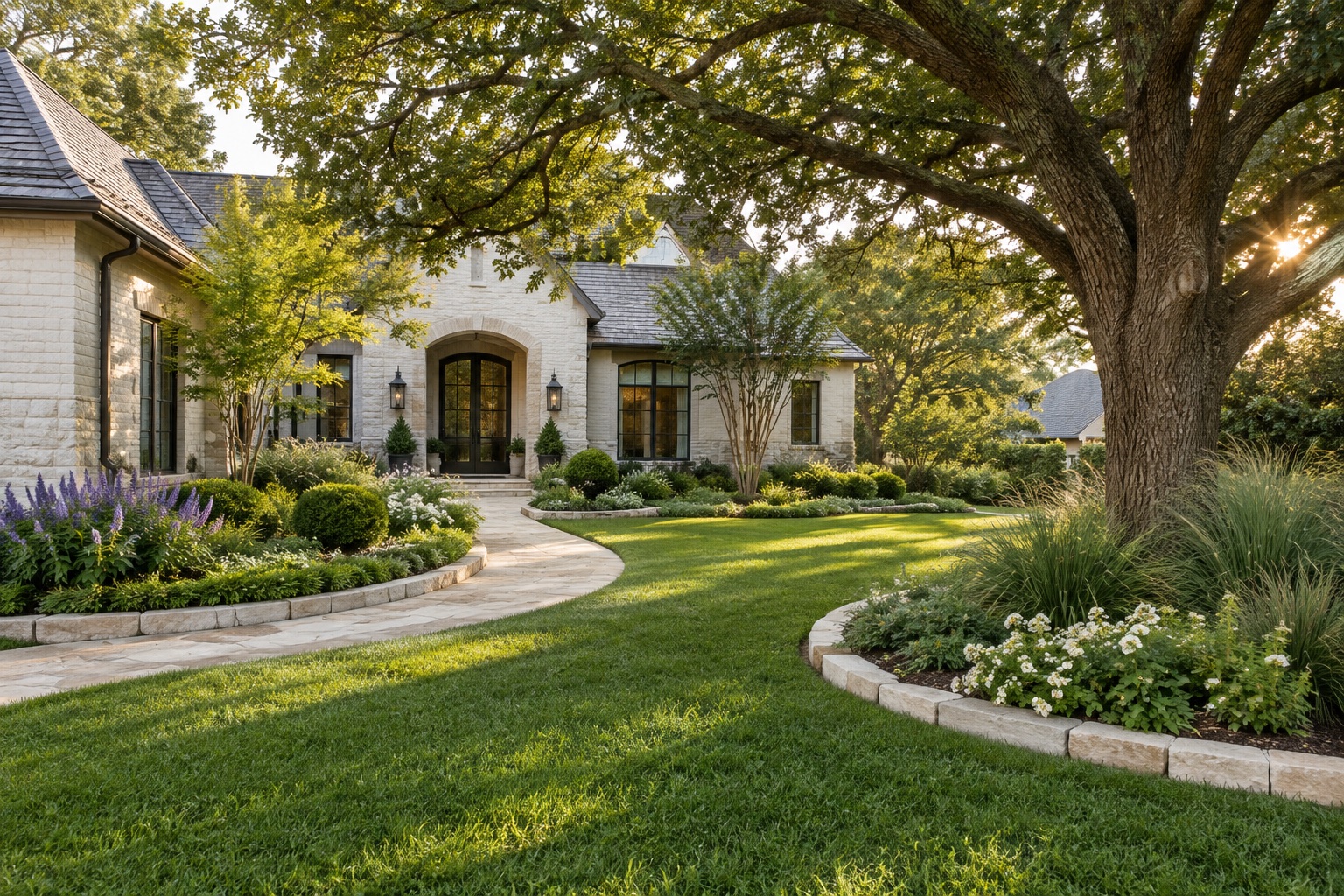 Illustrative North Texas garden with a green lawn, flowering beds and limestone walkway