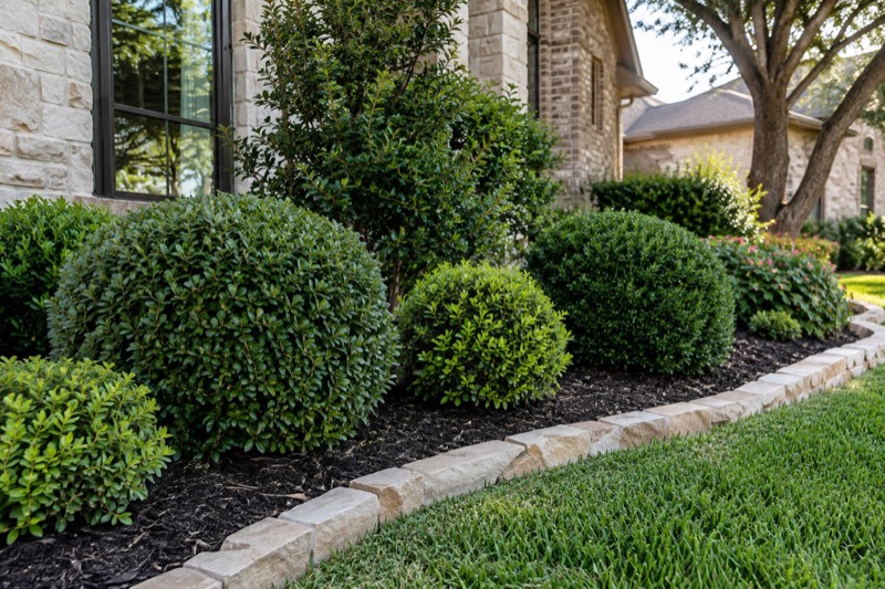 Illustrative balanced, rounded shrubs for a North Texas residential landscape