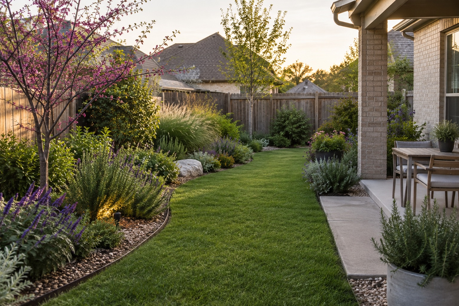 Illustrative backyard garden with layered planting and a green lawn