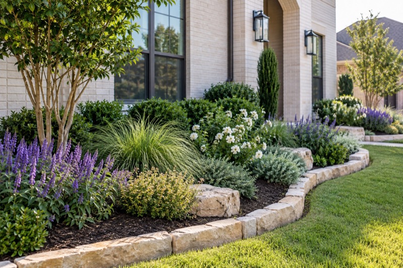 Illustrative layered front-yard planting for a North Texas residential landscape