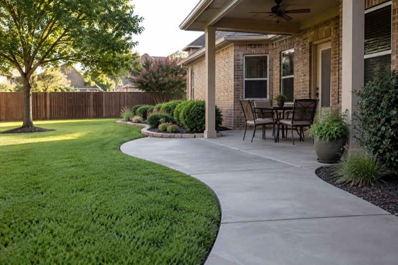 Illustrative clean paths and patio edges for a North Texas residential landscape