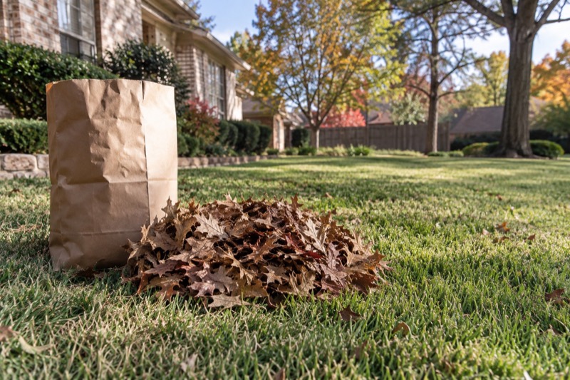 Illustrative leaves gathered, lawn cleared for a North Texas residential landscape